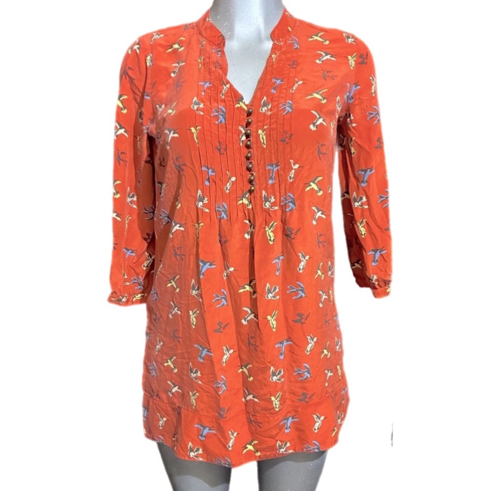 Fossil 100% Silk Tunic Top Small Boho Novelty Bird Print 3/4 Sleeve Burnt Orange